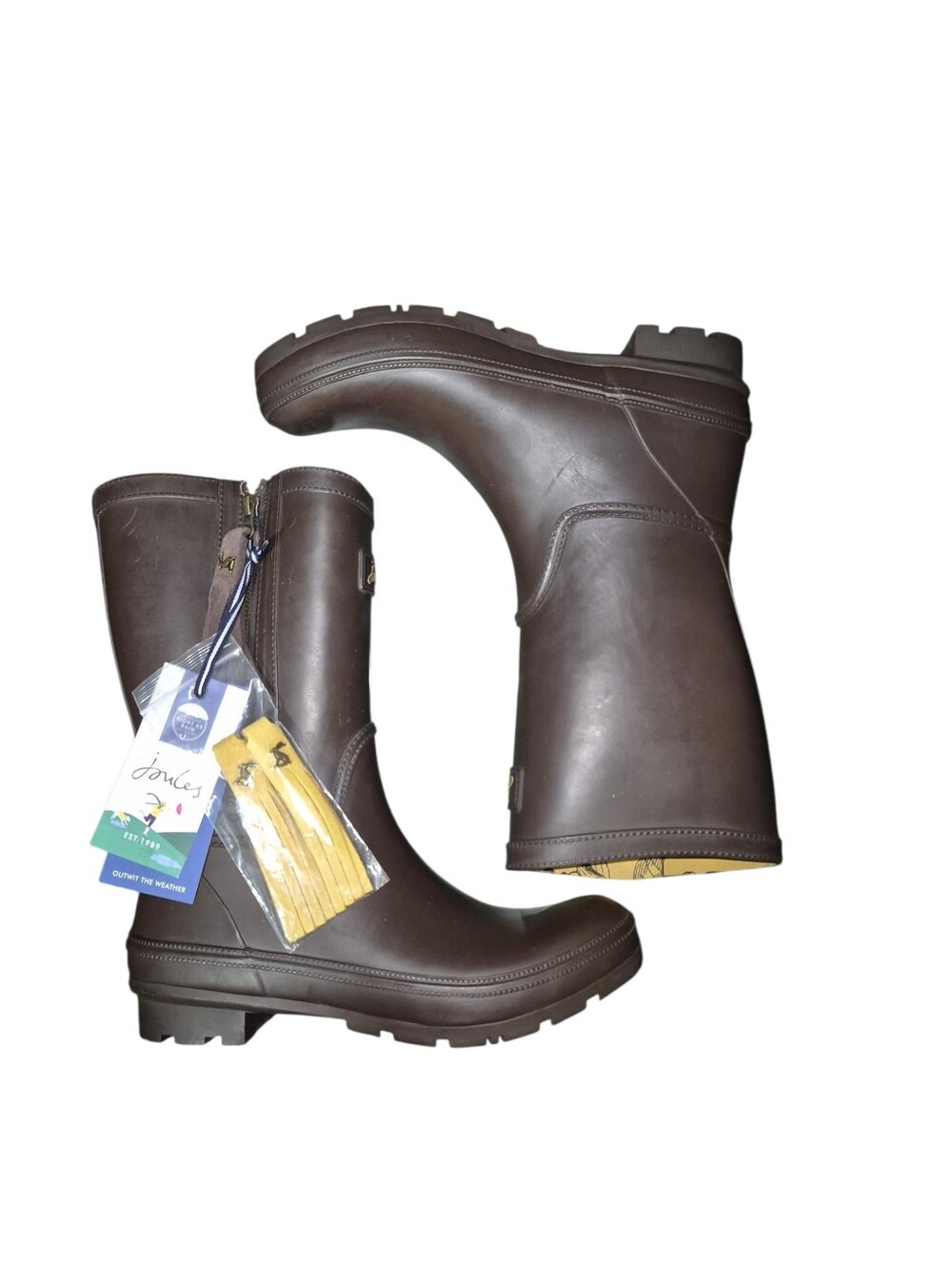 Joules Rosalind Mid Height Brown Rain Boots with Extra Tassle Size 9 NWT
